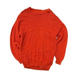 Vintage 80s Hand Knit Cotton Sweater Mens Med USA Textured Orange Oversized